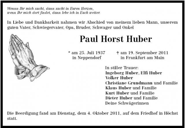 Huber Paul Horst 1937-2011 Todesanzeige